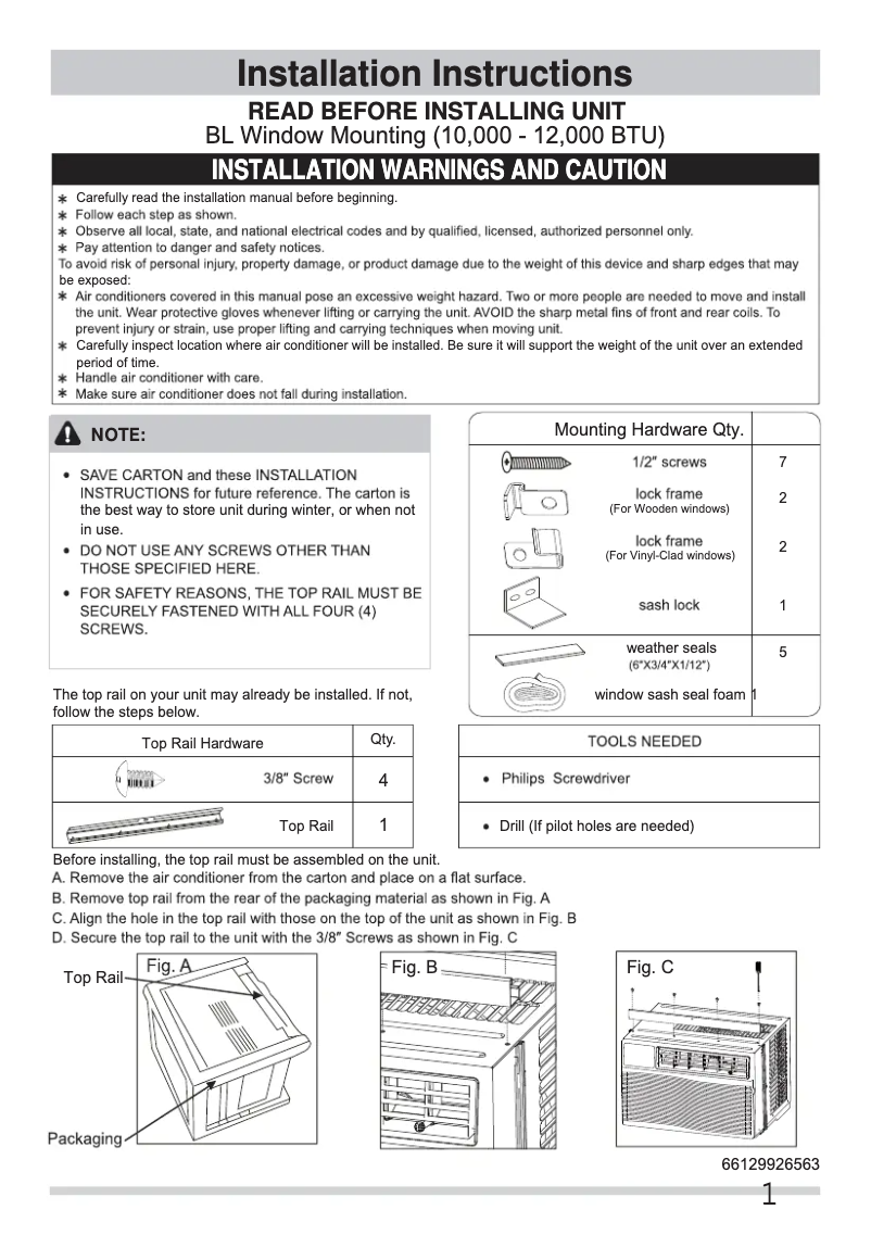Page 1 de la notice Guide d'installation Frigidaire FFRA121ZAE