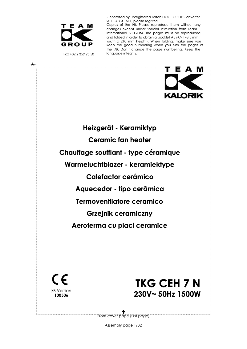 Page 1 de la notice Manuel utilisateur Kalorik TKG CEH 7 N