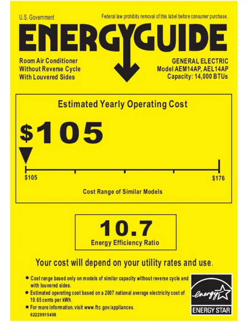 Page 1 de la notice Label énergétique GE AEM14AP