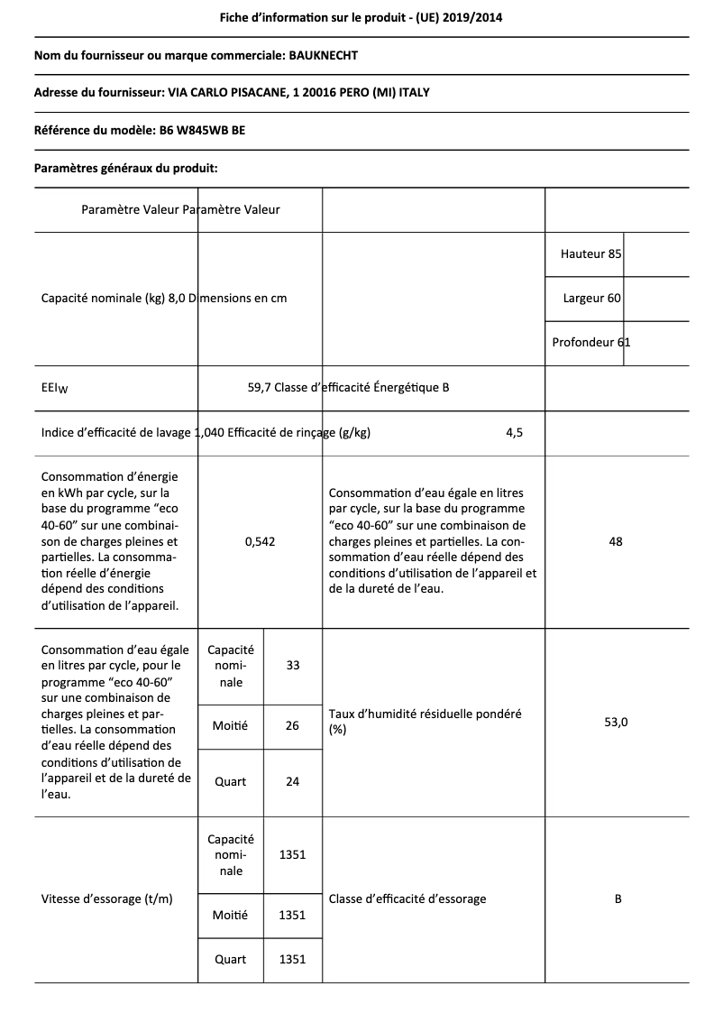 Page 1 de la notice Fiche technique Bauknecht B6 W845WB BE