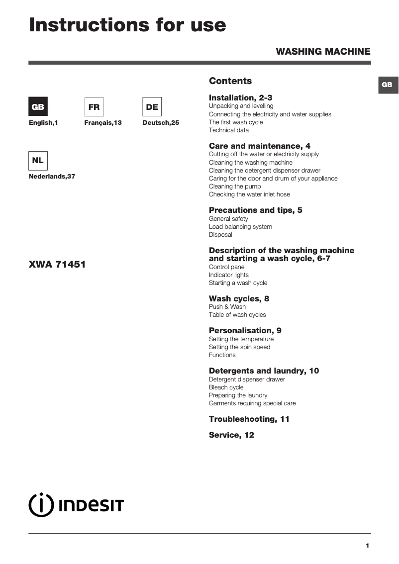 Image de la première page du manuel de l'appareil XWA 71451