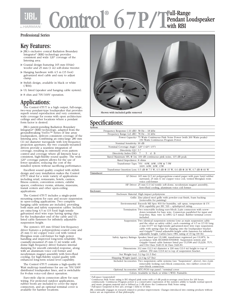 Page 1 de la notice Manuel utilisateur JBL Control 67P/T