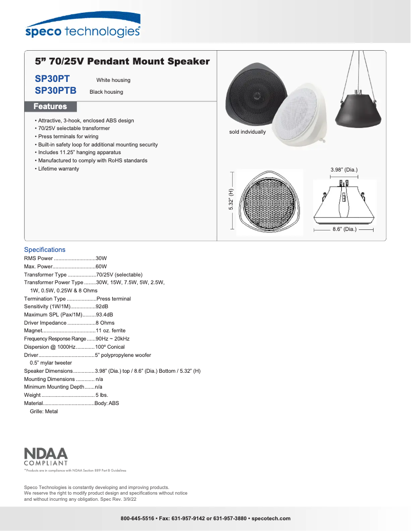 Page 1 de la notice Fiche technique Speco Technologies SP30PT