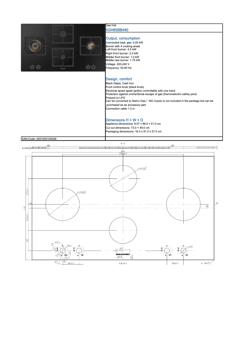 Page 1 de la notice Fiche technique Blaupunkt 5GH85BB490