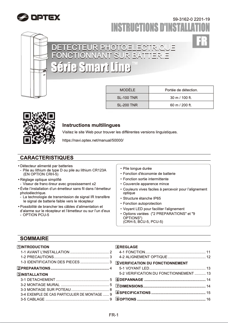 Page 1 de la notice Manuel utilisateur Optex SL-100TNR