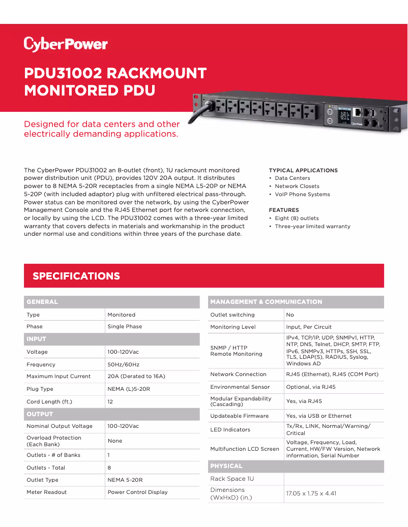 Page n°1 - Fiche technique CyberPower PDU31002
