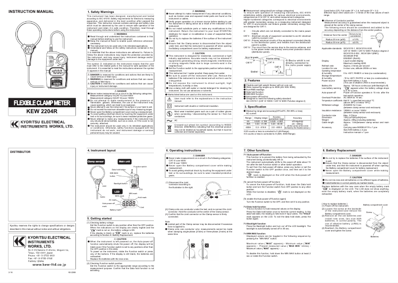 Page 1 de la notice Manuel utilisateur Kyoritsu KEW 2204R