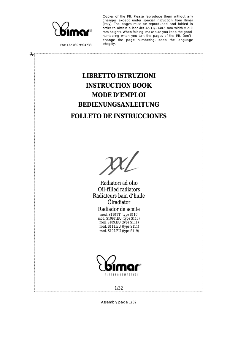 Page 1 de la notice Manuel utilisateur Bimar S109.EU