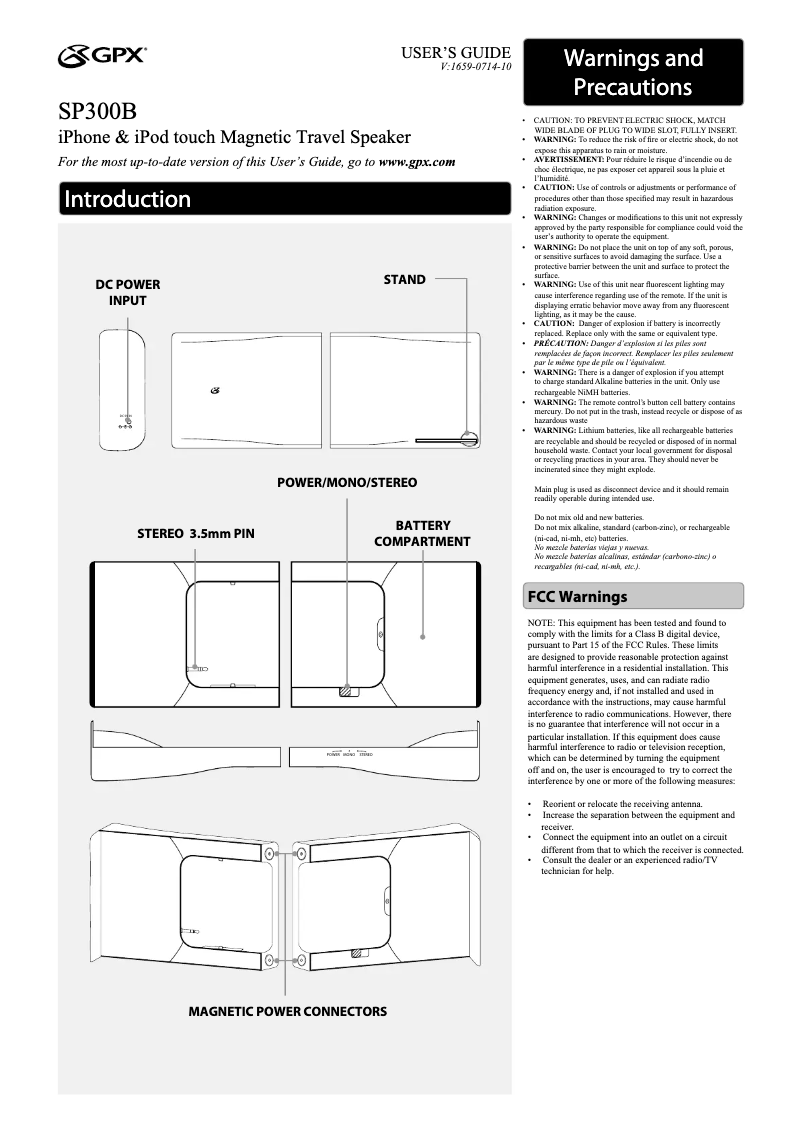 Page 1 de la notice Manuel utilisateur GPX SP300B