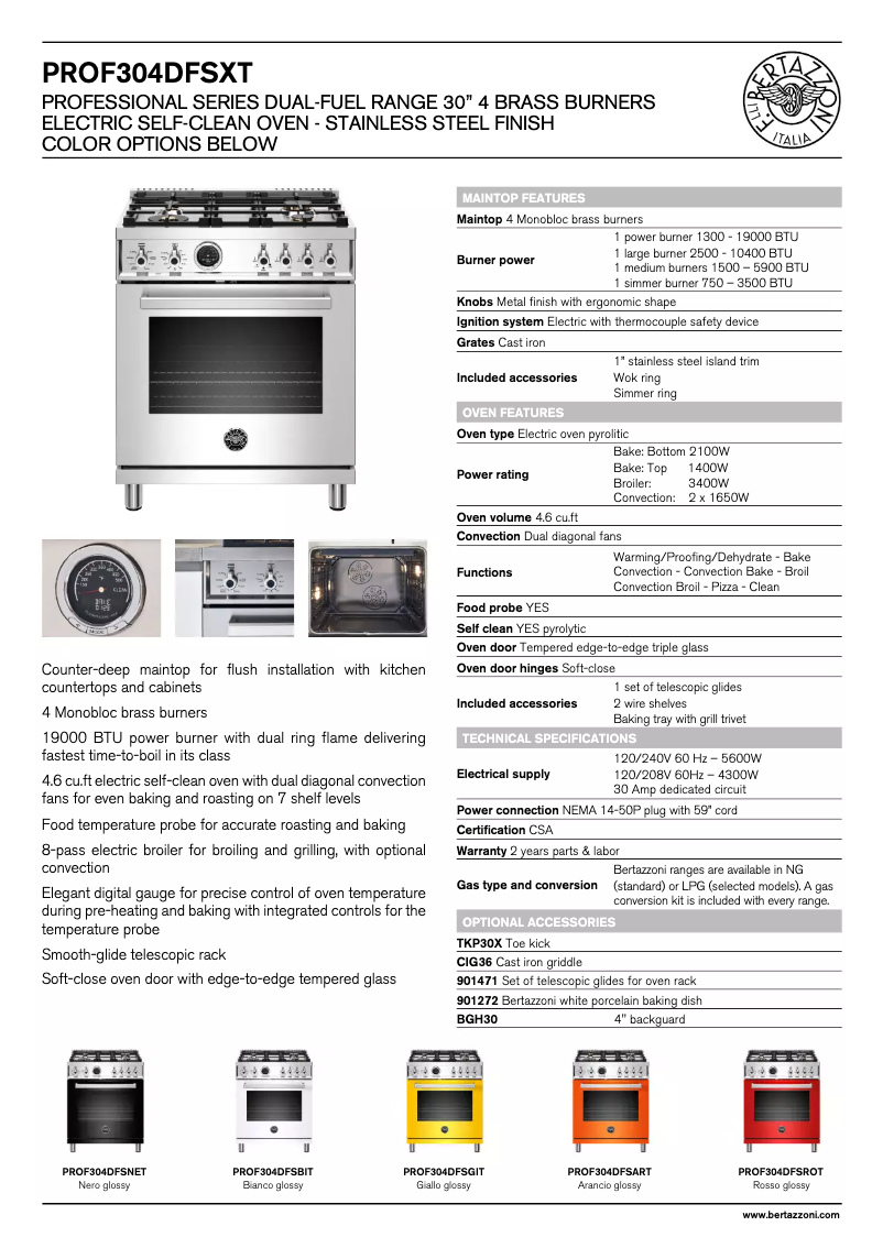Page 1 de la notice Fiche technique Bertazzoni PROF304DFSGIT