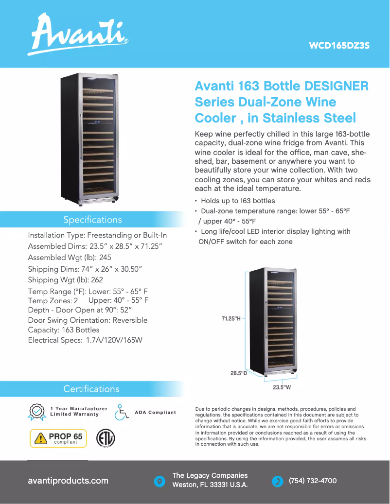 Page 1 de la notice Fiche technique Avanti WCD165DZ3S