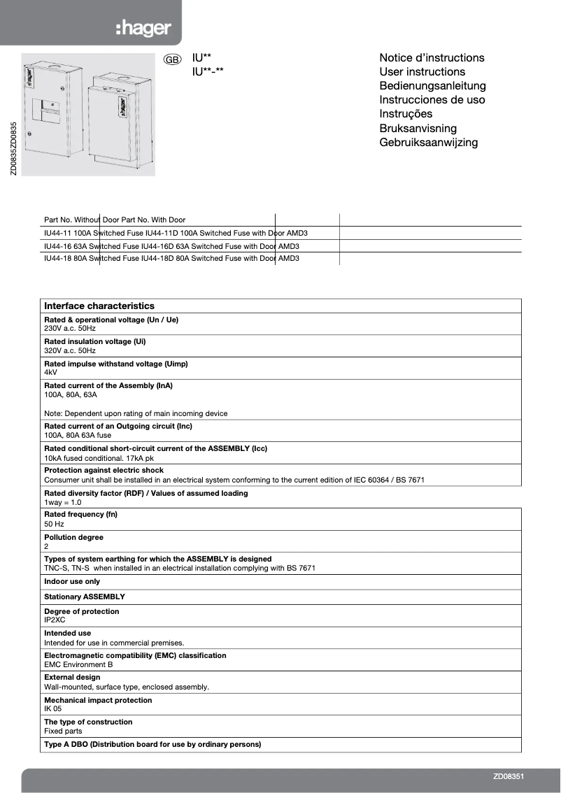 Página 1 del manual Manual de usuario Hager IU44-18