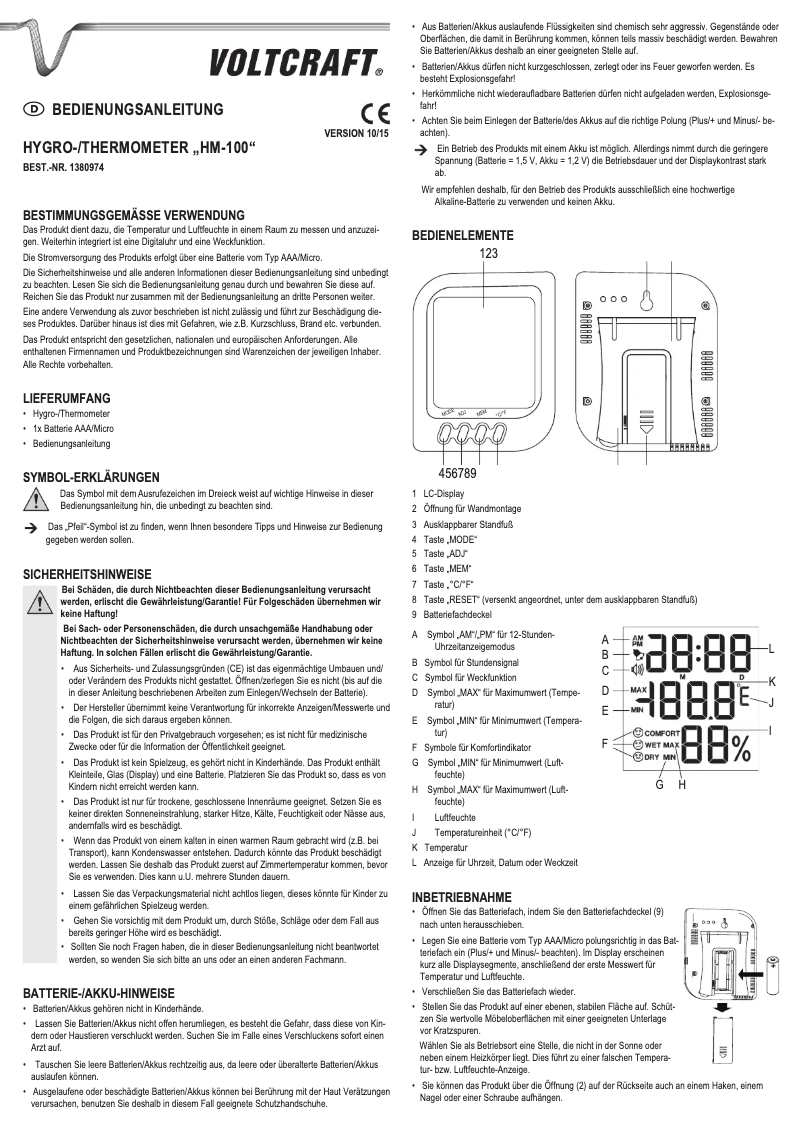 Page 1 de la notice Manuel utilisateur Voltcraft HM-100
