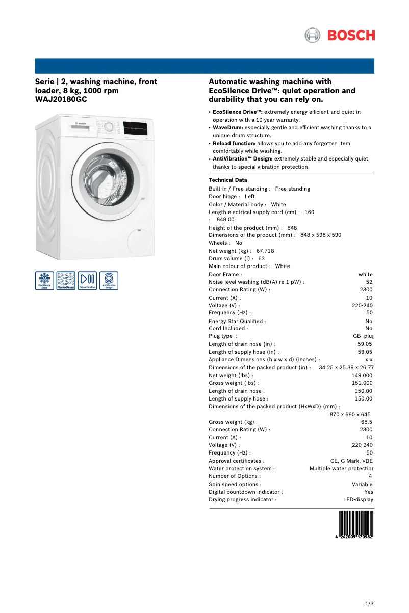 Página 1 del manual Ficha técnica Bosch WAJ20180GC