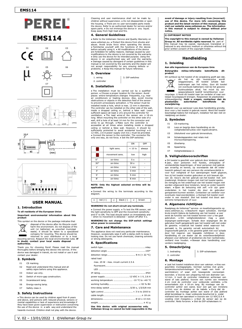 Page 1 de la notice Manuel utilisateur Perel EMS114