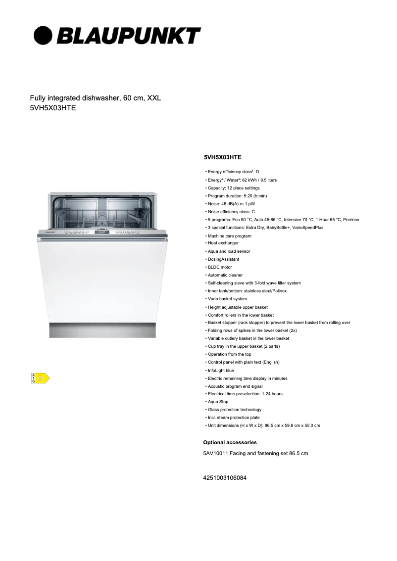 Página 1 del manual Ficha técnica Blaupunkt 5VH5X03HTE