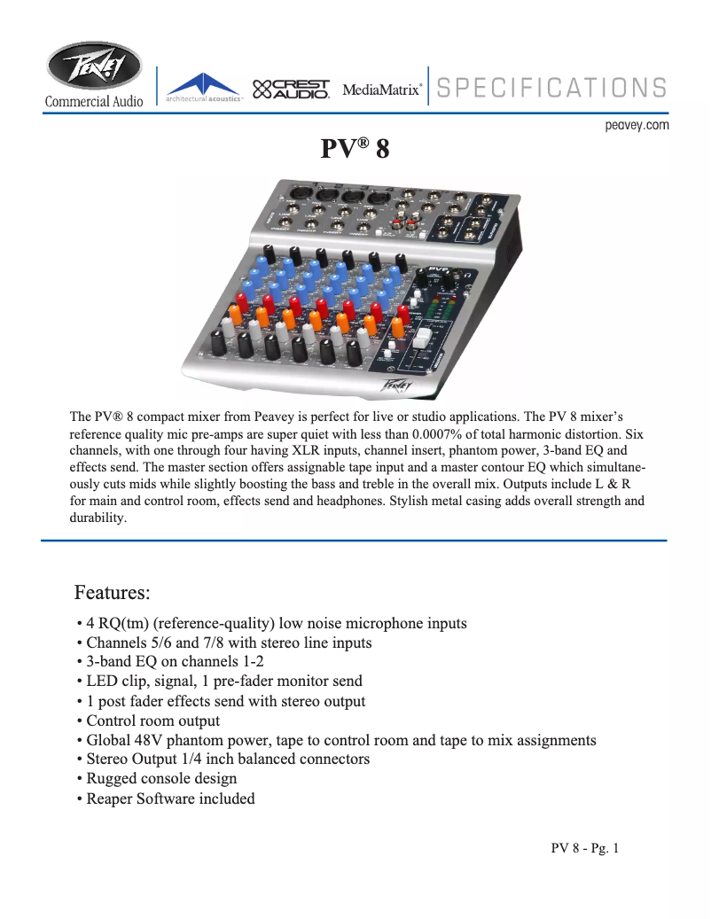 Page 1 de la notice Fiche technique Peavey PV 8