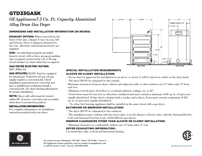 Page 1 de la notice Fiche technique GE GTD33GASKWW