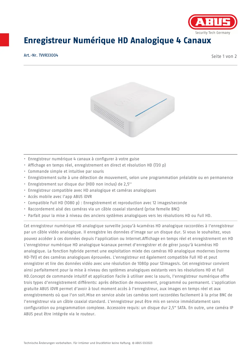 Page n°1 - Fiche technique Abus TVVR33004