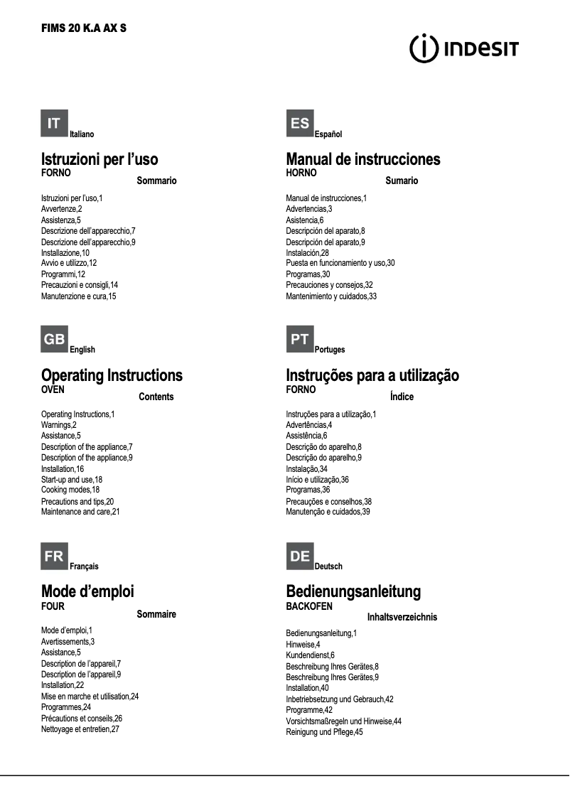 Page 1 de la notice Manuel utilisateur Indesit FIMS 20 KA AX S