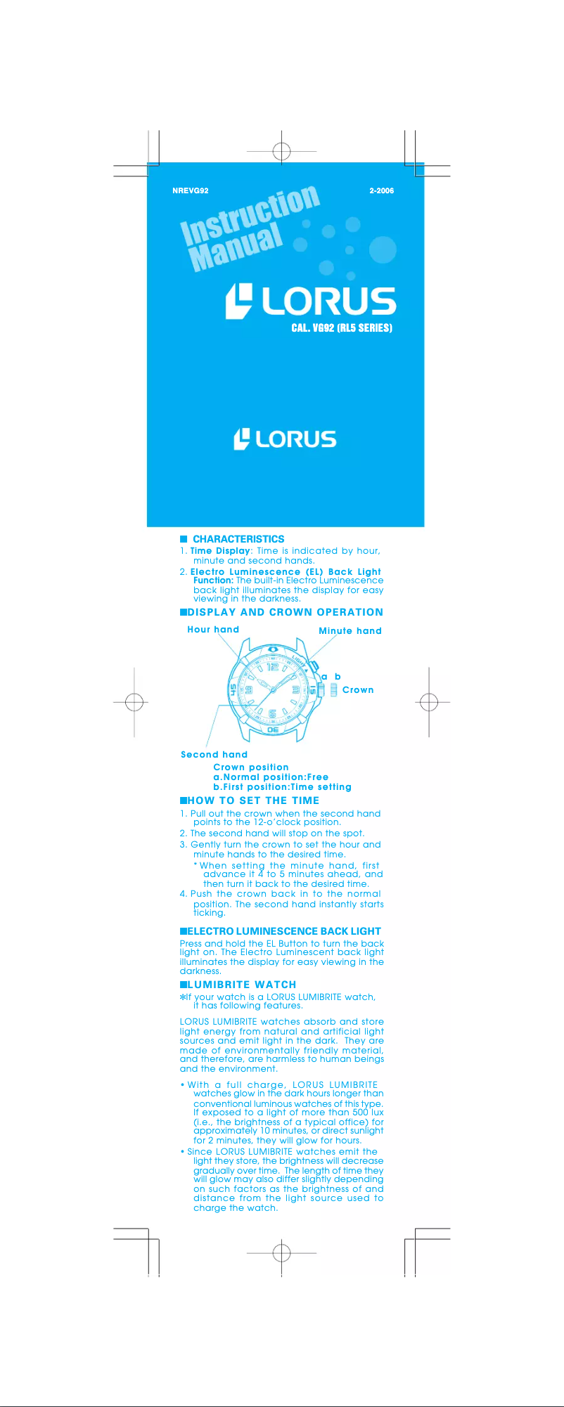 Page n°1 - Manuel utilisateur Lorus VG92