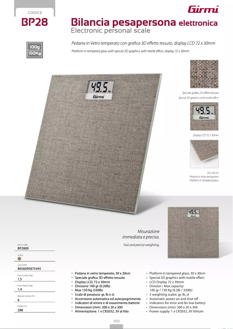 Page 1 de la notice Fiche technique Girmi BP28