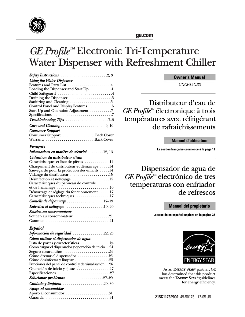 Page n°1 - Manuel utilisateur GE Profile GXCF35GBS