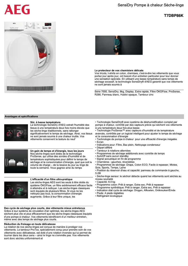 Page 1 de la notice Fiche technique AEG T7DBP86K
