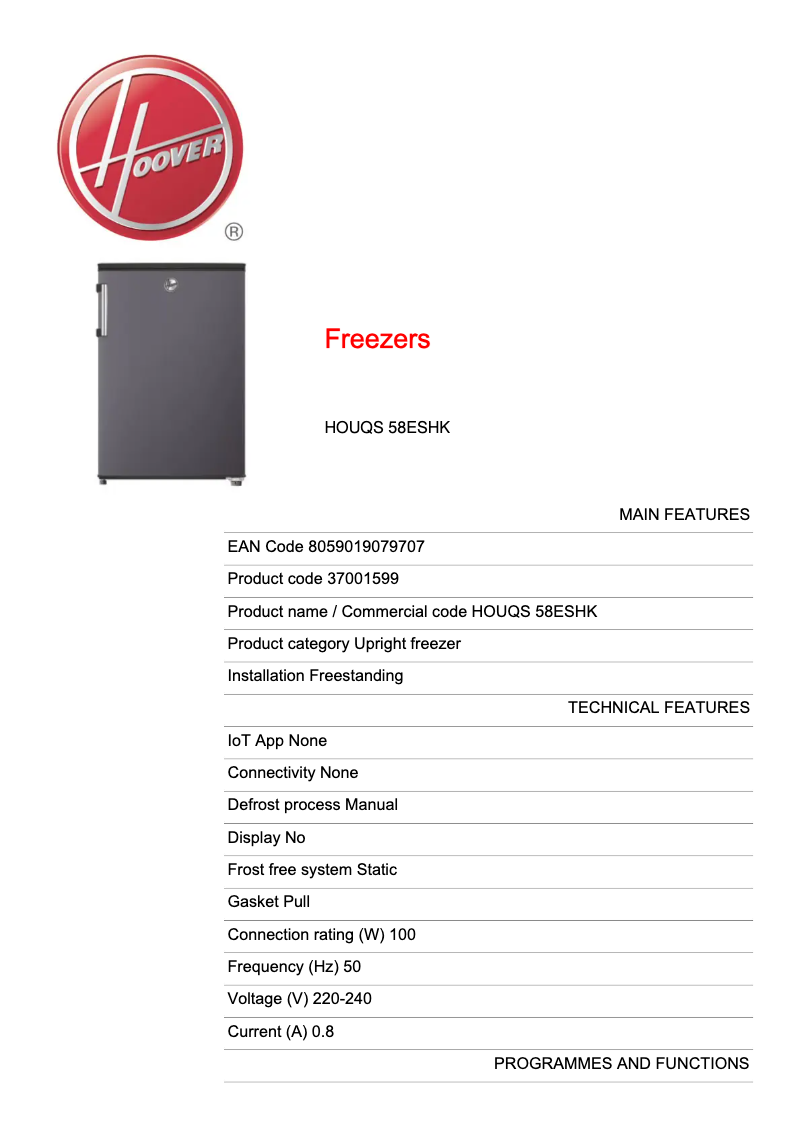 Page 1 de la notice Fiche technique Hoover HOUQS 58ESHK