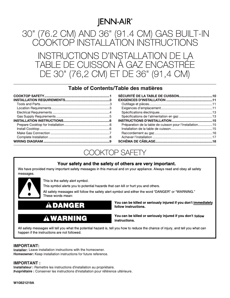 Page n°1 - Guide d'installation JennAir JGC2530EB