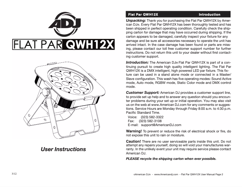 Image de la première page du manuel de l'appareil Flat Par QWH12X