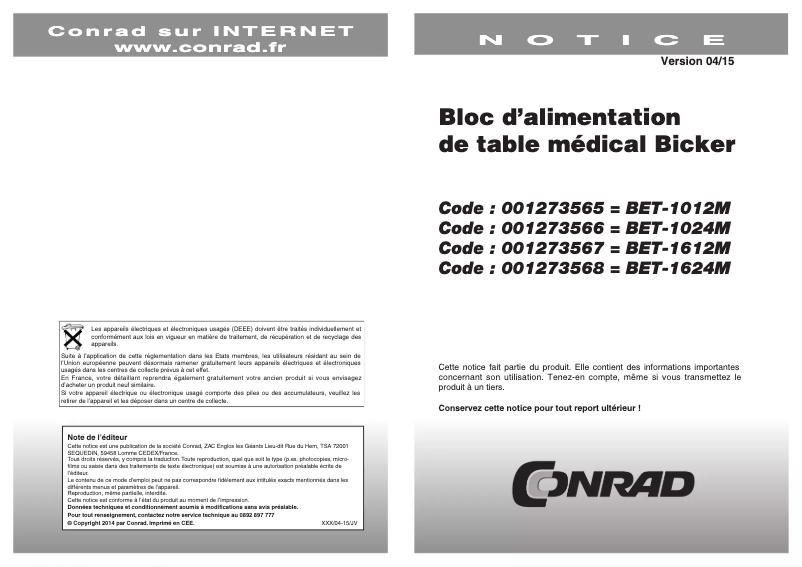 Page 1 de la notice Manuel utilisateur Bicker Elektronik BET-1612M