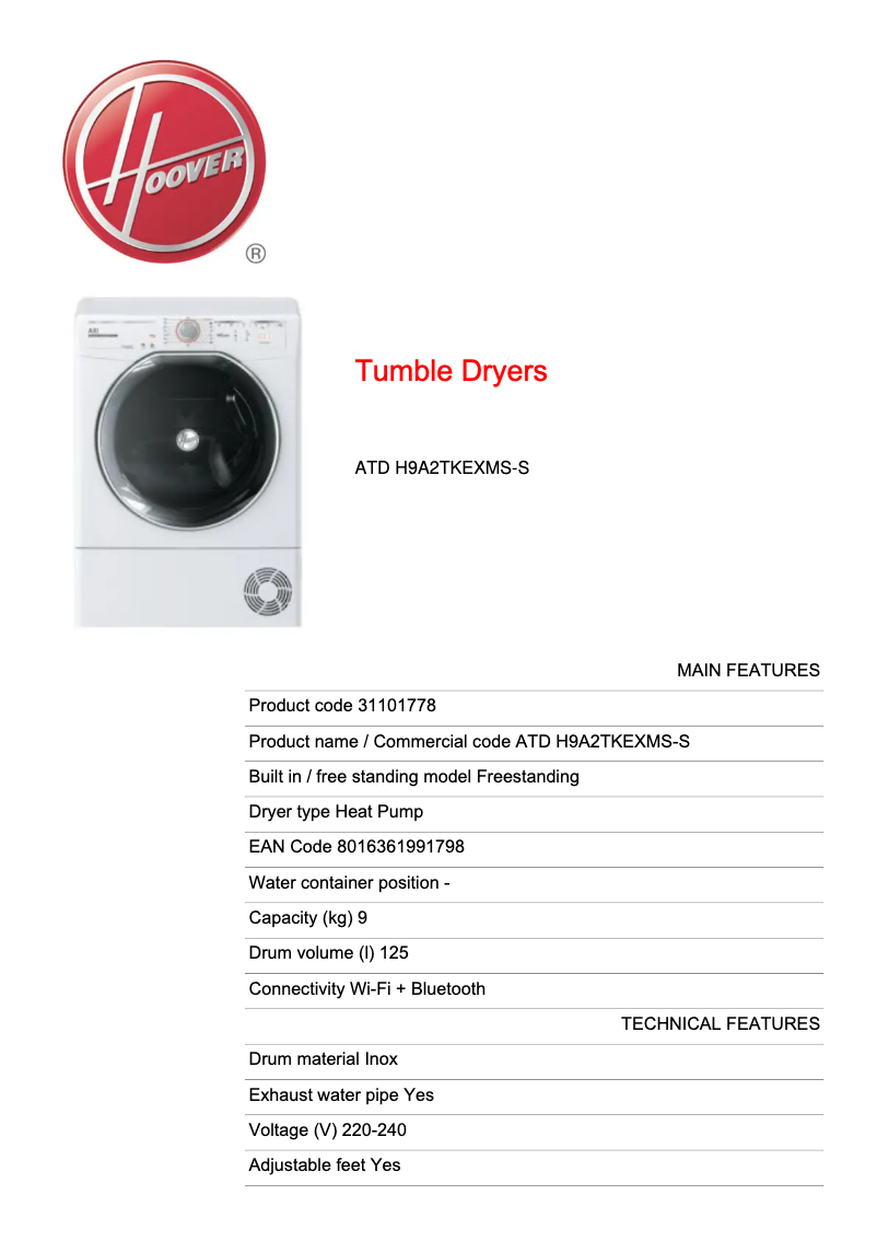 Page n°1 - Fiche technique Hoover ATD H9A2TKEXMS-S