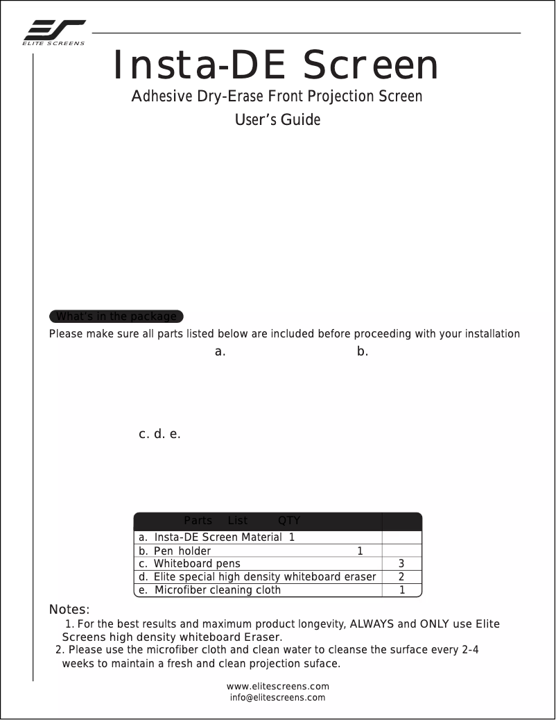 Page 1 de la notice Manuel utilisateur Elite Screens Insta-DE iWB63VW