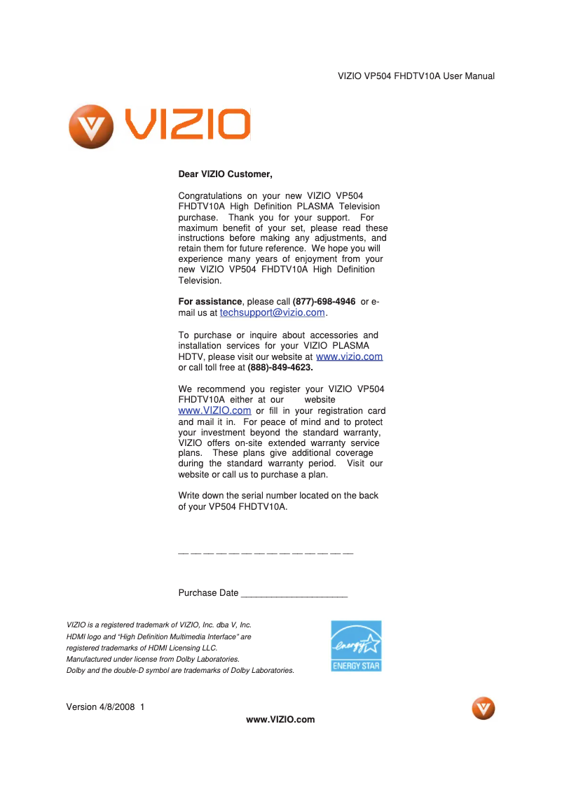 Image de la première page du manuel de l'appareil VP504