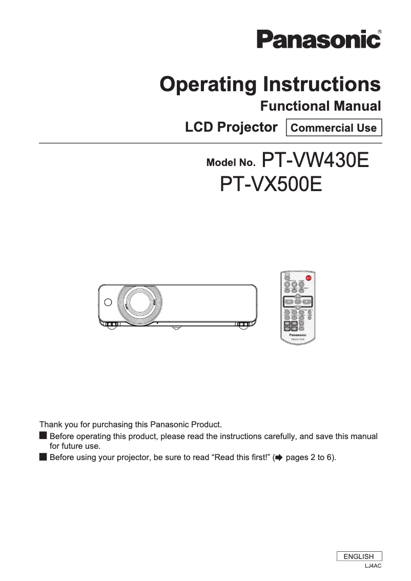 Page 1 de la notice Manuel utilisateur Panasonic PT-VW430U