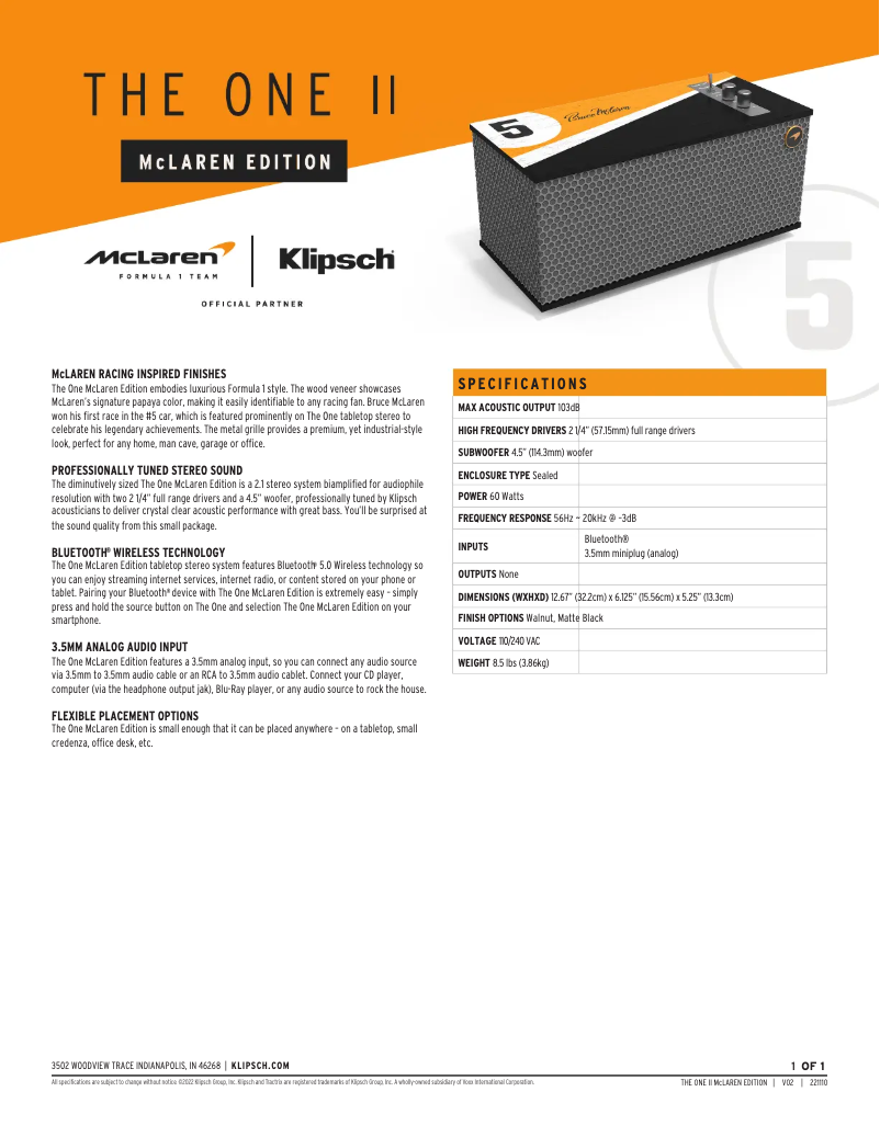 Page 1 de la notice Fiche technique Klipsch The One II McLaren Edition
