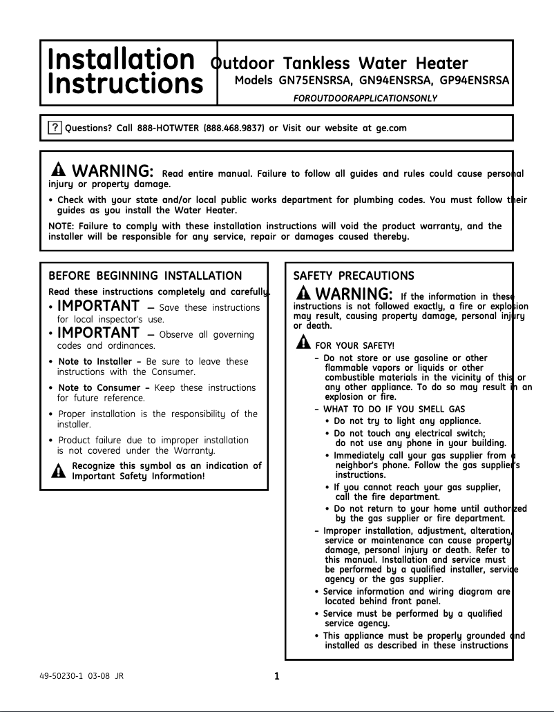 Page 1 de la notice Guide d'installation GE GP94ENSRSA