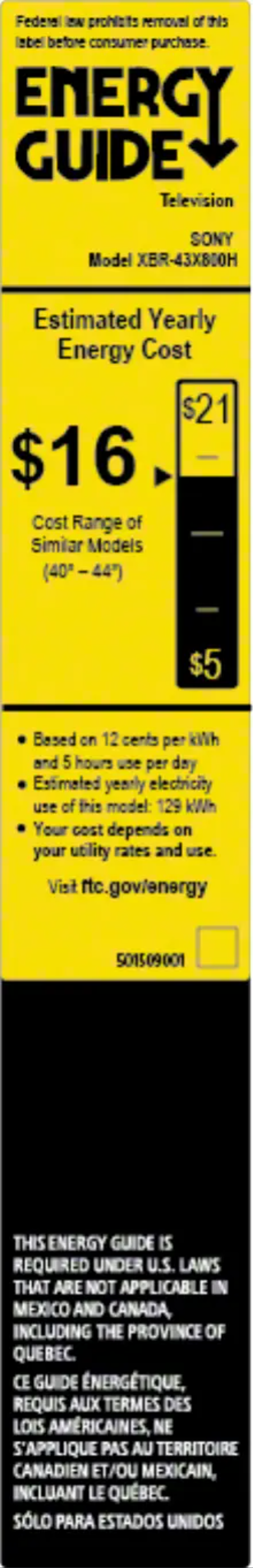 Page 1 de la notice Label énergétique Sony XBR43X800H