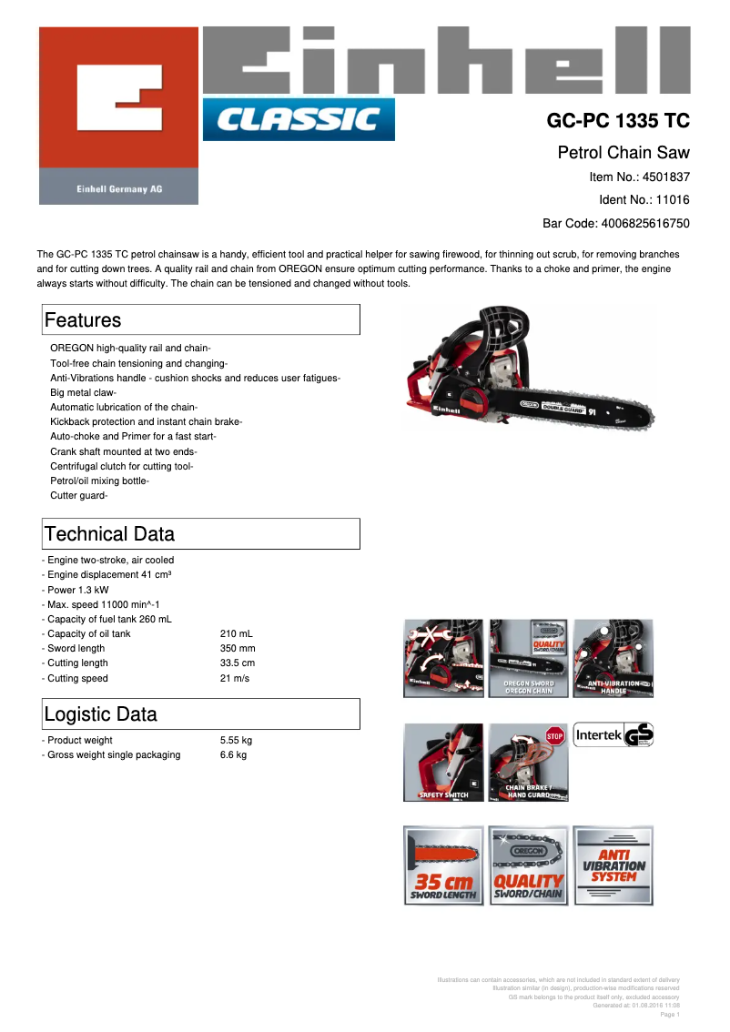 Page n°1 - Fiche technique Einhell GC-PC 1335 TC