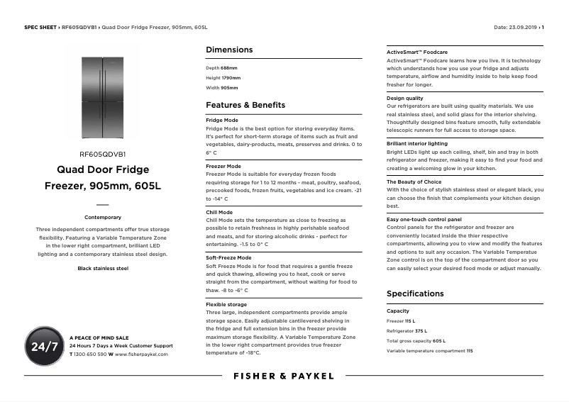 Page 1 de la notice Fiche technique Fisher & Paykel RF605QDVB1