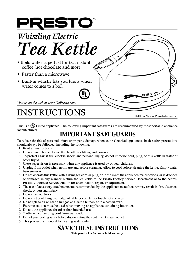 Page 1 de la notice Manuel utilisateur Presto Whistling Electric