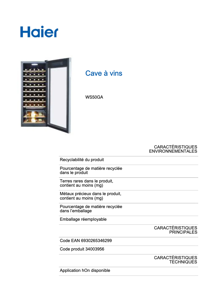 Page 1 de la notice Label énergétique Haier WS50GA