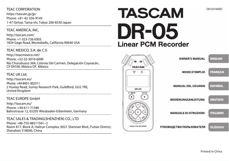 Page n°1 - Manuel utilisateur Tascam DR-05