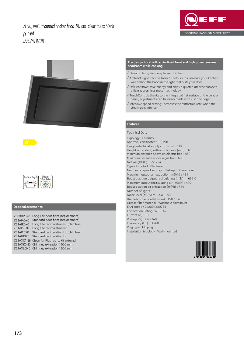 Page 1 de la notice Fiche technique Neff D95IMT1N0B