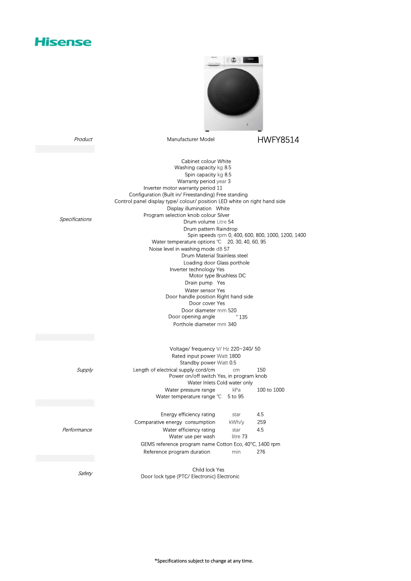 Page n°1 - Fiche technique Hisense HWFY8514