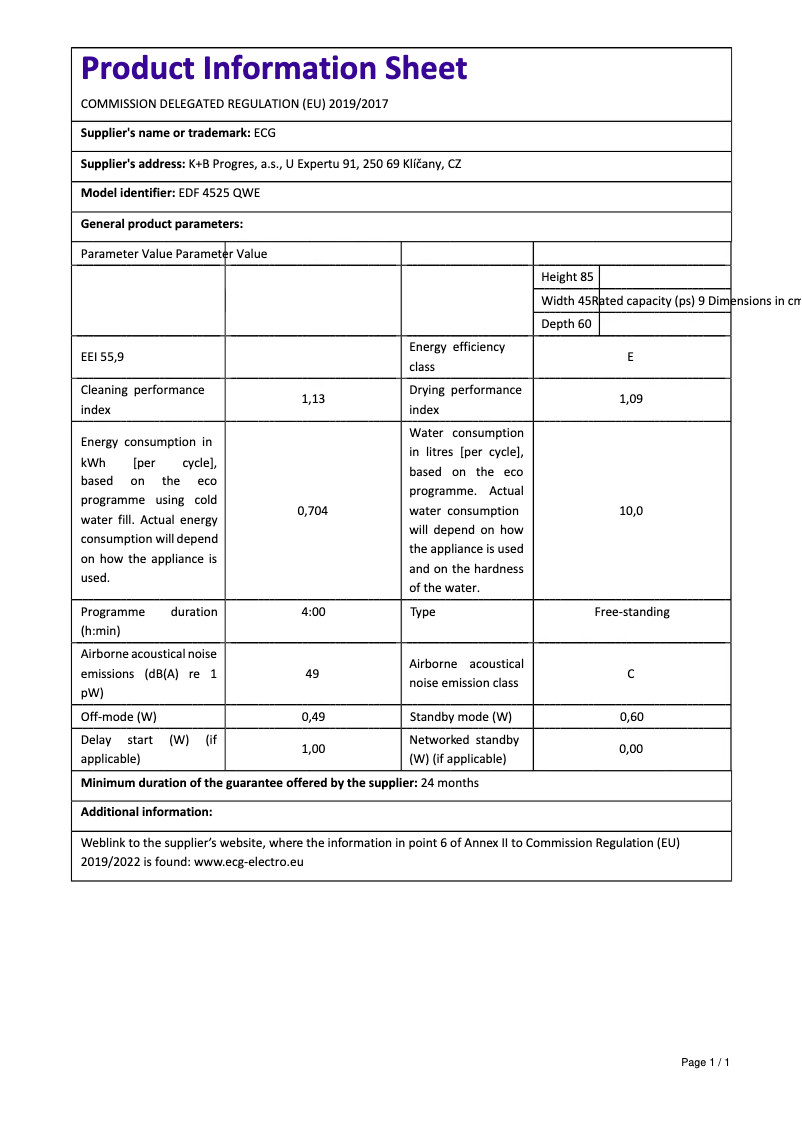 Page n°1 - Fiche technique ECG EDF 4525 QWE
