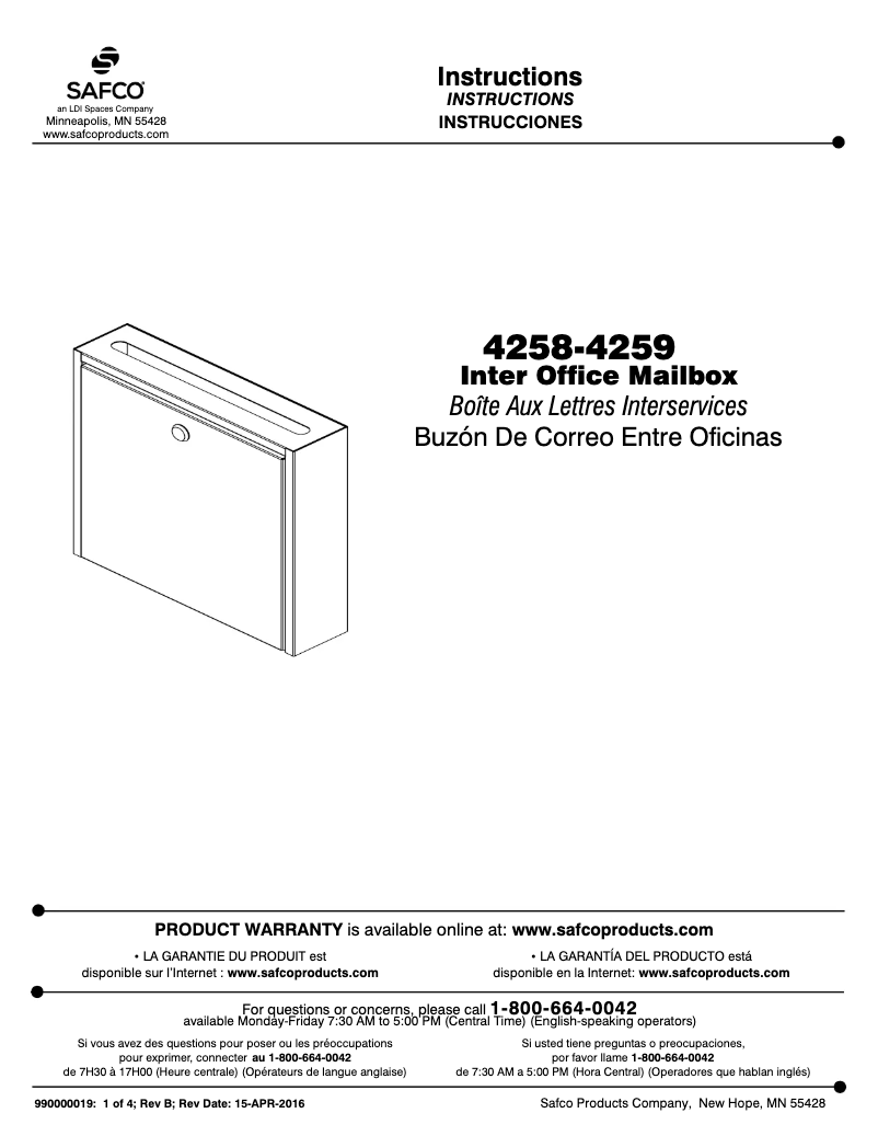 Page n°1 - Manuel utilisateur Safco 4258