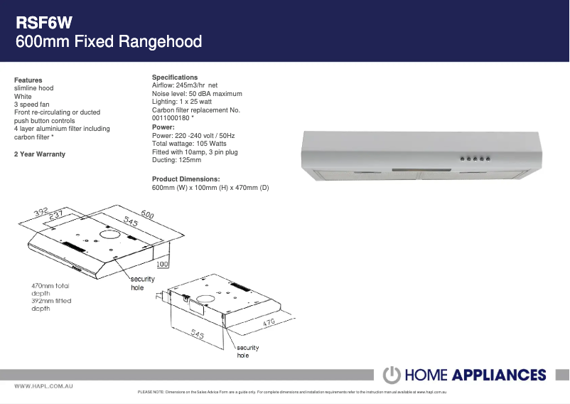 Page 1 de la notice Fiche technique ARC RSF6W