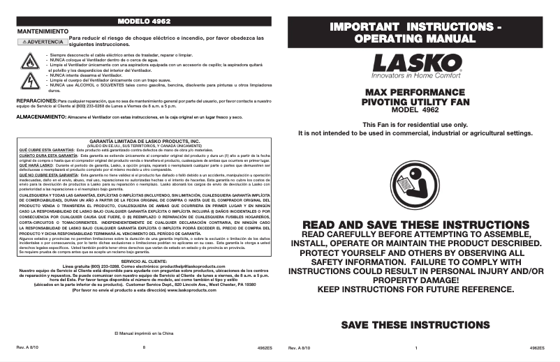 Page 1 de la notice Manuel utilisateur Lasko Max Performance 4962